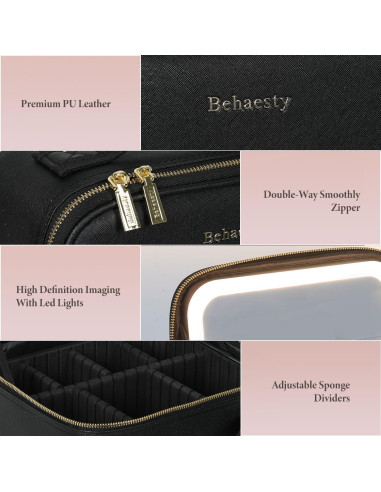 Bolsa de Maquillaje de Viaje Behaesty con Espejo LED Negro