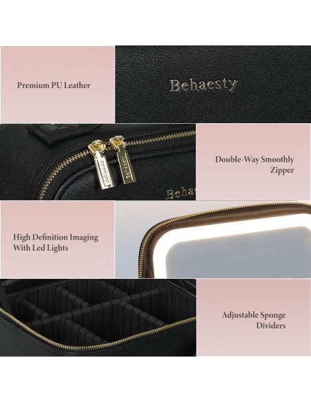 Bolsa de Maquillaje de Viaje Behaesty con Espejo LED Negro