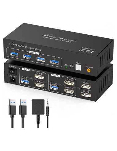 Interruptor KVM HDMI 2 Monitores 2 Computadoras 4K 120Hz USB 3.0
