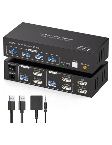 Interruptor KVM HDMI 2 Monitores 2 Computadoras 4K 120Hz USB 3.0