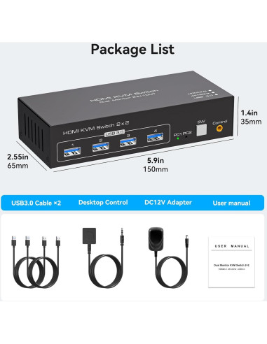 Interruptor KVM HDMI 2 Monitores 2 Computadoras 4K 120Hz USB 3.0