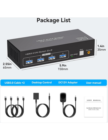 Interruptor KVM HDMI 2 Monitores 2 Computadoras 4K 120Hz USB 3.0