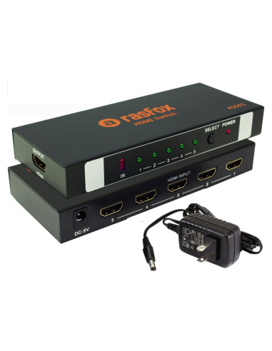 Interruptor HDMI Activo Rasfox HD501 5 Puertos 4K Control Remoto