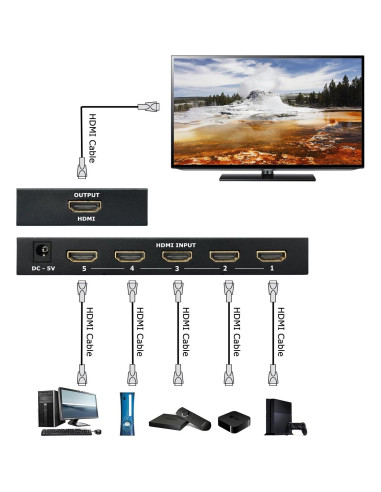 Interruptor HDMI Activo Rasfox HD501 5 Puertos 4K Control Remoto