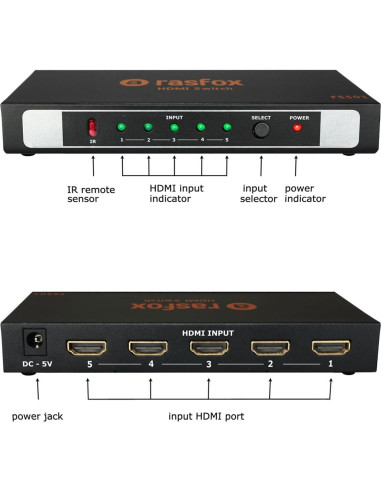 Interruptor HDMI Activo Rasfox HD501 5 Puertos 4K Control Remoto