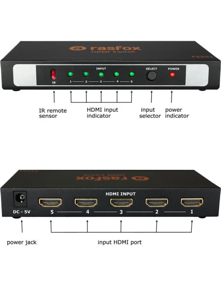 Interruptor HDMI Activo Rasfox HD501 5 Puertos 4K Control Remoto