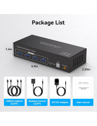 Interruptor KVM HDMI 2 Monitores 2 Computadoras 4K FQuanmap