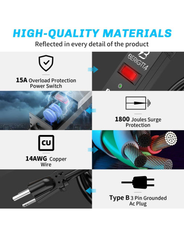 Tira de Alimentación Metálica Berigtta 16 Salidas 1800J 1.83m