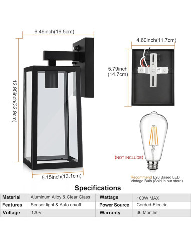 Lámpara de Pared Exterior SHINE HAI con Sensor Dusk to Dawn