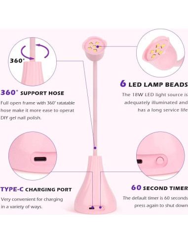 Lámpara de Uñas LED UV XSMNER Rosa 18W Inalámbrica 360