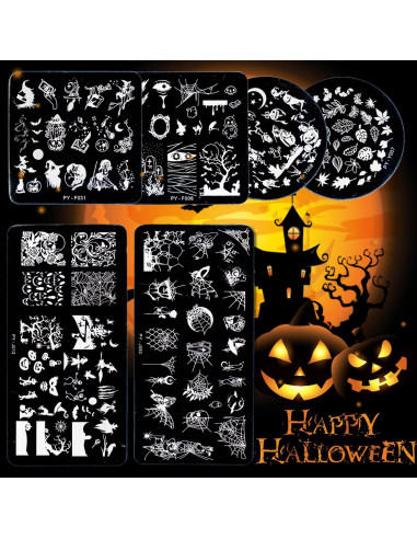 Kit 6 Placas Estampado Uñas Halloween OCOUYVD Acero Inoxidable