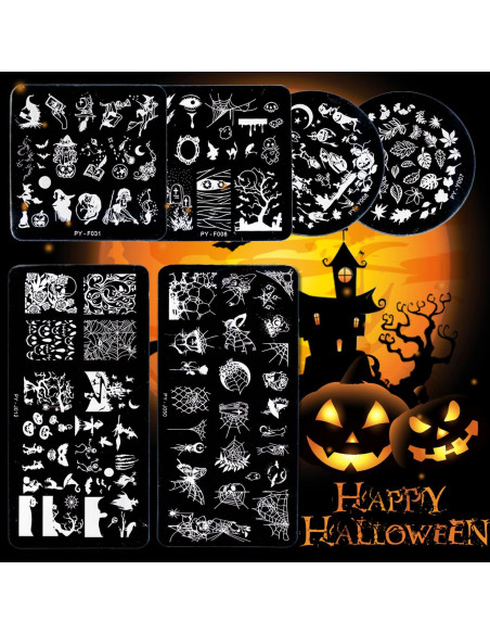 Kit 6 Placas Estampado Uñas Halloween OCOUYVD Acero Inoxidable