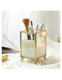 Organizador de Brochas de Maquillaje Vintage Yueqing - Vidrio y Perlas