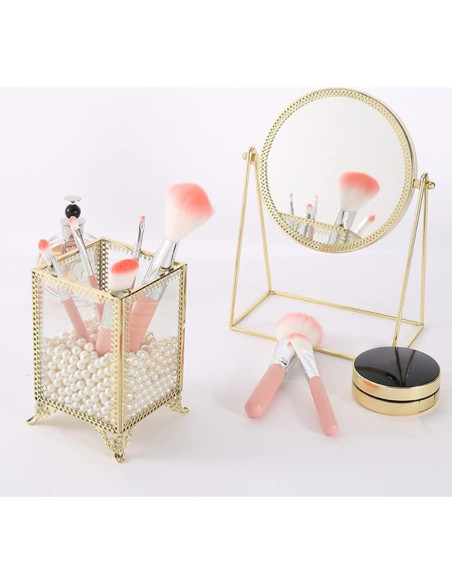 Organizador de Brochas de Maquillaje Vintage Yueqing - Vidrio y Perlas