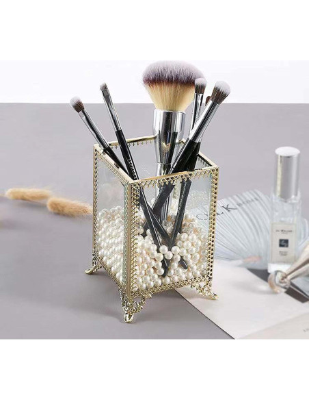 Organizador de Brochas de Maquillaje Vintage Yueqing - Vidrio y Perlas