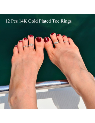 Juego de 12 Anillos para Dedos de los Pies WAINIS Oro 14K Plata Ajustables