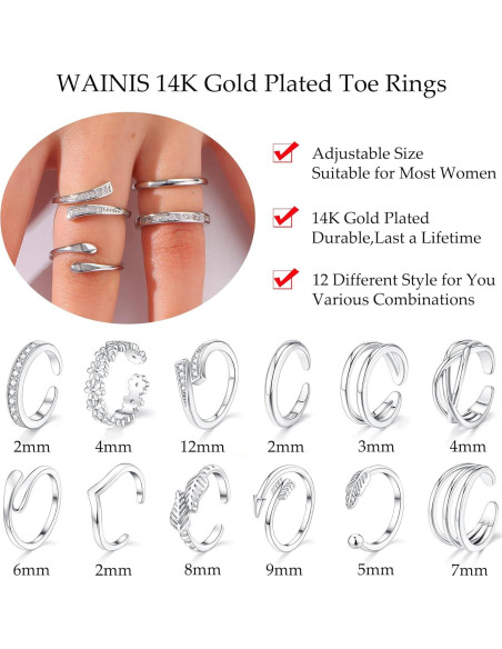 Juego de 12 Anillos para Dedos de los Pies WAINIS Oro 14K Plata Ajustables