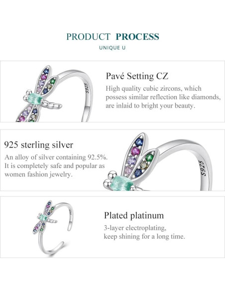 Anillo Ajustable BISAER 925 Plata Esterlina Libélula Gótico