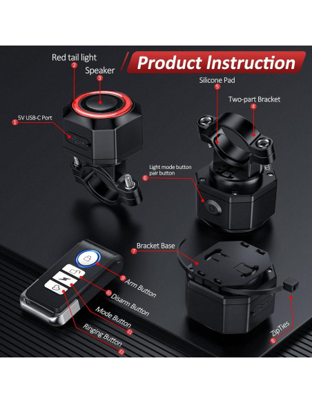 Alarma de Bicicleta EQIIO SF33R con Luz Trasera y Control Remoto