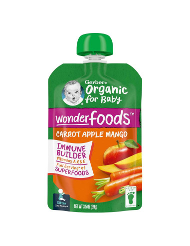 Pouches de Comida para Bebés Orgánica Gerber 2da Comida Zanahoria Manzana Mango 12x99g