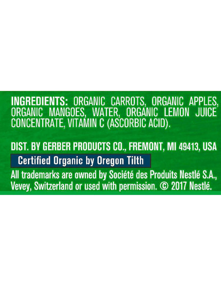 Pouches de Comida para Bebés Orgánica Gerber 2da Comida Zanahoria Manzana Mango 12x99g