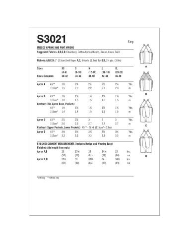 Patrón de Costura Delantales Simplicidad S3021 Tallas XS-XL
