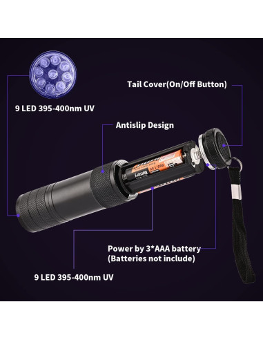 5 Linternas UV YIKOSAM 9 LED 395-400nm Portátiles para Mascotas