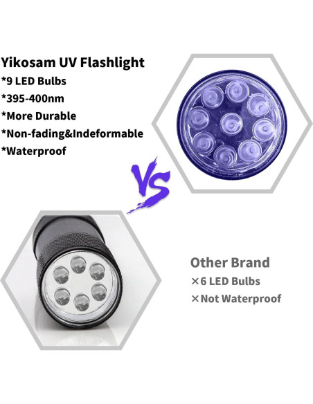 5 Linternas UV YIKOSAM 9 LED 395-400nm Portátiles para Mascotas