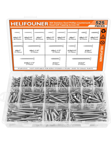 Set de 525 Tornillos de Madera HELIFOUNER Acero Inoxidable