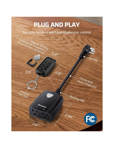 Enchufe Remoto Inalámbrico Dewenwils 2 Salidas 15A 30.48m