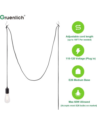 Luz Colgante Enchufable Gruenlich 15 Pies Negro 1-Pack
