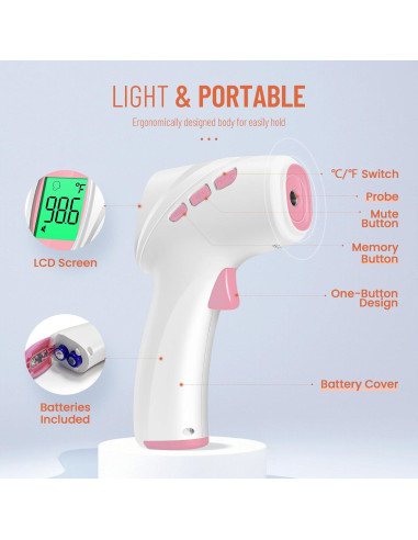 Termómetro Digital Sin Contacto Viproud Rosa - Alarma de Fiebre