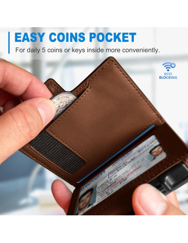 Billetera delgada para hombres RFID con clip y bolsillo monedas
