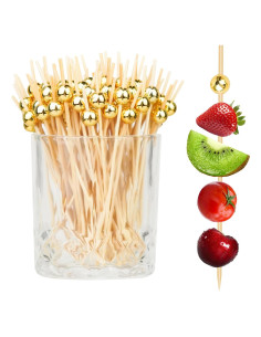 200 Palillos de Cóctel HOPELF de Bambú con Bola Dorada 11.9 cm