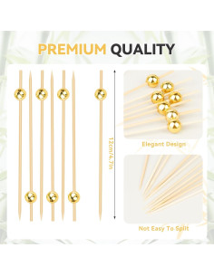 200 Palillos de Cóctel HOPELF de Bambú con Bola Dorada 11.9 cm 2