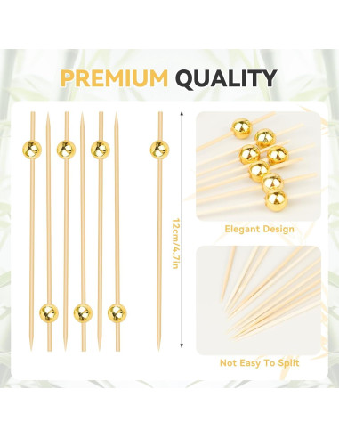 200 Palillos de Cóctel HOPELF de Bambú con Bola Dorada 11.9 cm