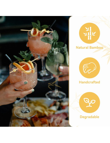 200 Palillos de Cóctel HOPELF de Bambú con Bola Dorada 11.9 cm