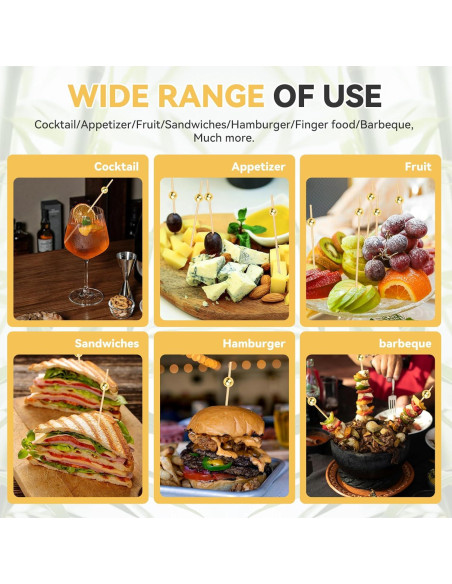 200 Palillos de Cóctel HOPELF de Bambú con Bola Dorada 11.9 cm