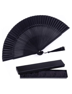 Abanico Plegable de Bambú y Seda Negro Vintage 21cm