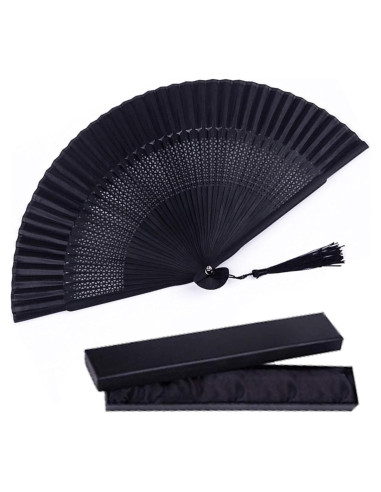 Abanico Plegable de Bambú y Seda Negro Vintage 21cm