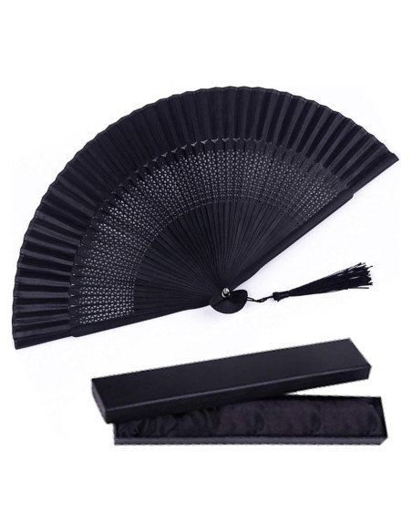 Abanico Plegable de Bambú y Seda Negro Vintage 21cm