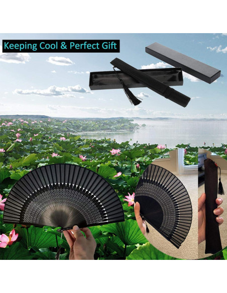 Abanico Plegable de Bambú y Seda Negro Vintage 21cm