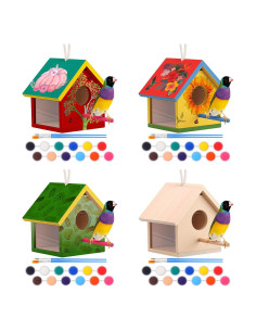 Kit de Casas para Aves Geelin - 4 Unidades de Madera con Pinturas