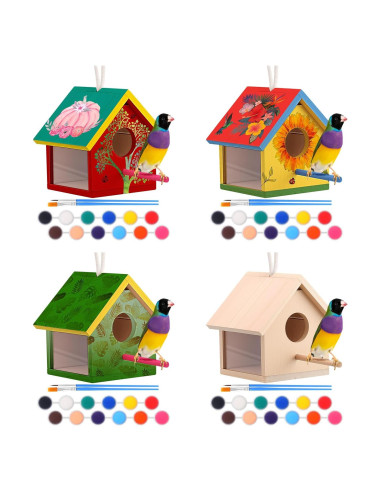 Kit de Casas para Aves Geelin - 4 Unidades de Madera con Pinturas