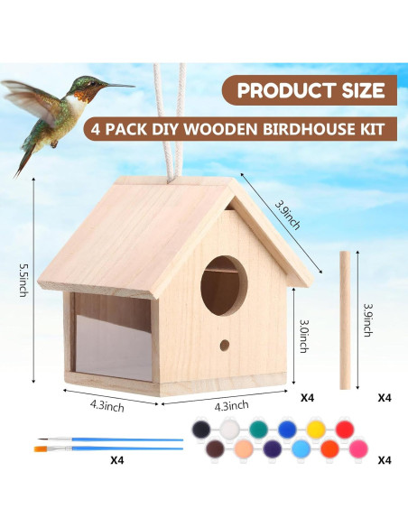 Kit de Casas para Aves Geelin - 4 Unidades de Madera con Pinturas