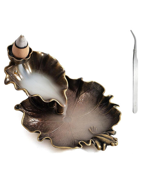 Soporte de Incienso de Cascada Loto y Rana Bronce 10 cm