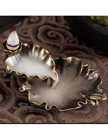 Soporte de Incienso de Cascada Loto y Rana Bronce 10 cm