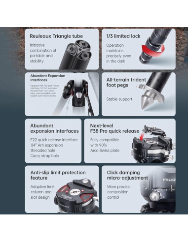 Trípode de fibra de carbono Kongeeker F38 Pro, 154.94 cm, 5kg