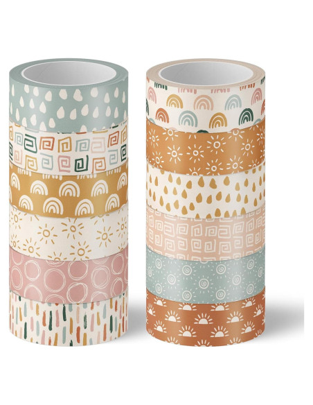 12 Rollos Cinta Washi Boho Retro Sol Arcoíris 5m x 1.5cm