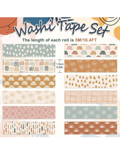 12 Rollos Cinta Washi Boho Retro Sol Arcoíris 5m x 1.5cm 2